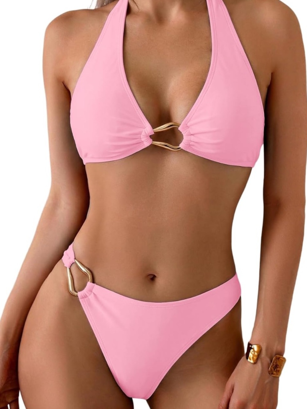 SOLY HUX Women's Halter Bikini Set V Neck Ring Linked